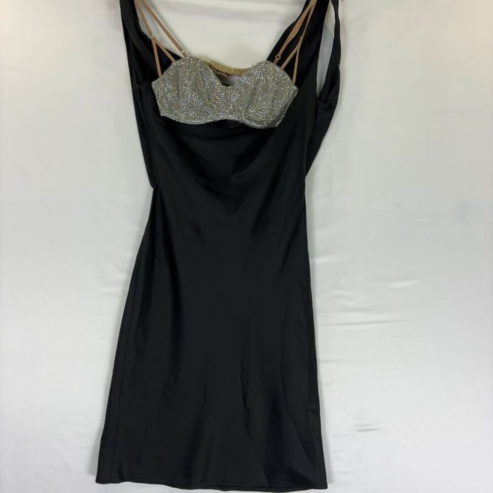 Black Mini Slip Dress with Rhinestone Bust Detail